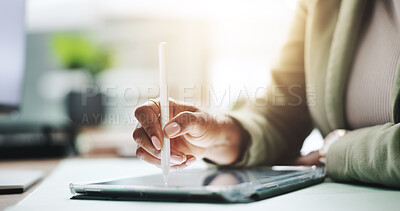 Buy stock photo Hands, pen and businesswoman on tablet for corporate, finance and wealth management in office. Banker, e signature and financial advisor with stylus for investment app, digital technology or company