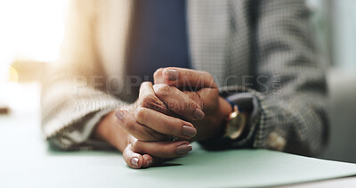 Buy stock photo Hands, stress and employee in meeting, waiting and nervous for disciplinary action, fingers and business. Corporate, shame and person with anxiety for feedback, sales manager and poor performance
