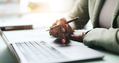 Buy stock photo Hands, laptop and business woman in office for research, writing or journalism on internet. Computer, keyboard and closeup with professional news reporter working on article, creative story and email