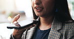 Business, mouth and employee with smartphone, speaker and talking to contact for project or social media. Office, recruiter and person with mobile for communication, chat and schedule for appointment