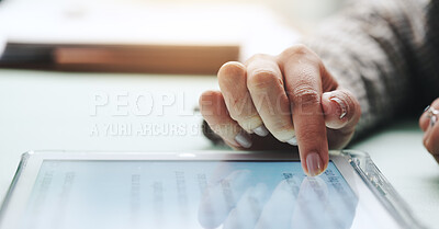 Buy stock photo Hand, screen and businesswoman on tablet for news, finance or wealth management in office. Banker, feedback and financial advisor with internet for investment app, digital technology or online report