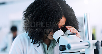 Buy stock photo Microscope, woman and scientist in laboratory with studying cell function for RNA development. Biotech, medical research and geneticist with equipment for DNA vaccine, pharmaceutical or immunology.
