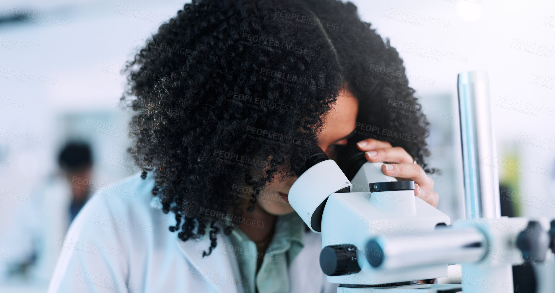 Buy stock photo Microscope, woman and scientist in laboratory with studying cell function for RNA development. Biotech, medical research and geneticist with equipment for DNA vaccine, pharmaceutical or immunology.