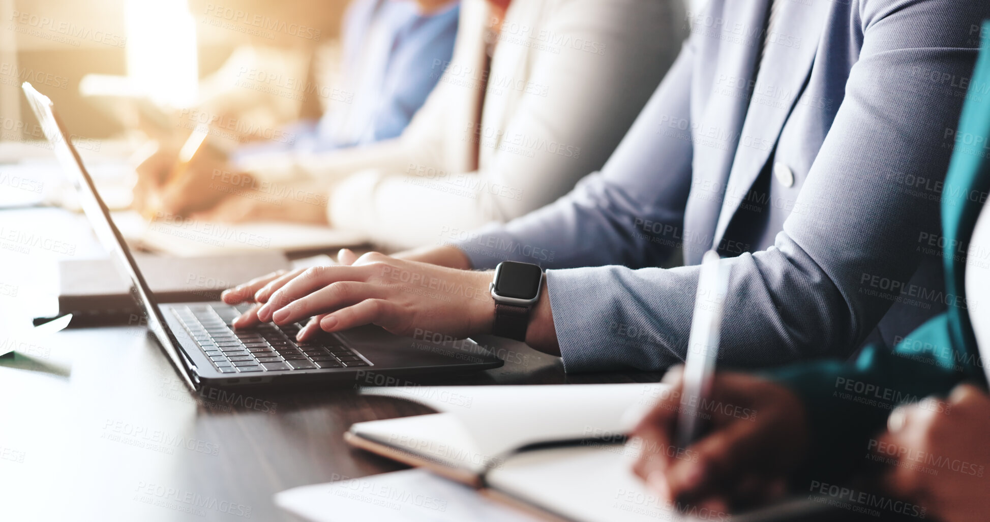 Buy stock photo People, meeting or hands of accountant on laptop for finance management or budget review. Financial business, typing and profit report update for audit deadline, accounting and company spreadsheet