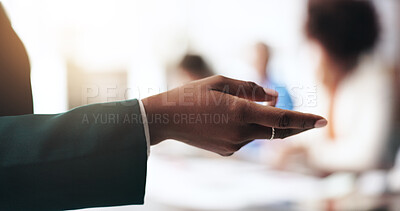 Buy stock photo Hand, business and woman with speech, presentation and spokesperson for financial seminar. Closeup, employee or speaker in office, gesture or workshop for accounting, training or coaching for trading