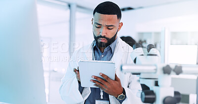Buy stock photo Man, scientist and typing on tablet in lab for medical research, experiment results and study report. Male person, digital app and information for investigation feedback, discovery update and vaccine