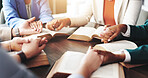 Bible study, religion and people holding hands for praying, support and guidance for belief. Spiritual, Christianity and men and women together for faith, learning scripture and prayer for worship