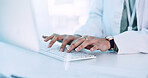 Hands, woman and scientist typing in lab for medical research, experiment results and study report. Person, computer and information for investigation feedback, discovery update and vaccine progress