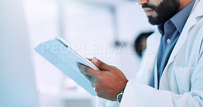 Buy stock photo Man, hands and scientist with tablet for research app, new study or scientific data at laboratory. Closeup, male person or science on technology for digital results, innovation or medical development