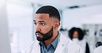 Man, scientist and thinking at lab, computer and frustrated with problem solving for vaccine development. Person, review and clinical trial by pc, insight and medical research with pharma solution