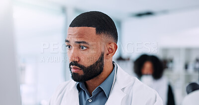 Buy stock photo Man, scientist and shocked at lab, computer and thinking with problem solving for vaccine development. Person, surprise and clinical trial by PC, results and medical research with pharma solution