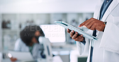 Buy stock photo Person, hands and scientist with tablet at laboratory for research, new study or scientific data. Closeup, science or checklist with technology for digital results, innovation or medical development