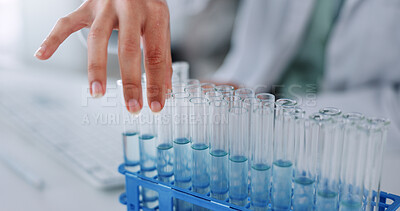 Buy stock photo Science, liquid and hand with test tubes with chemical in laboratory for experiment, research or project. Pharmaceutical, glass vials and solvent for medical innovation, discovery or analysis.