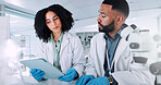 Scientist, woman and man with tablet at lab for review, results and check progress for pharmaceutical study. People, partner and digital touchscreen on app for clinical trial with medical research