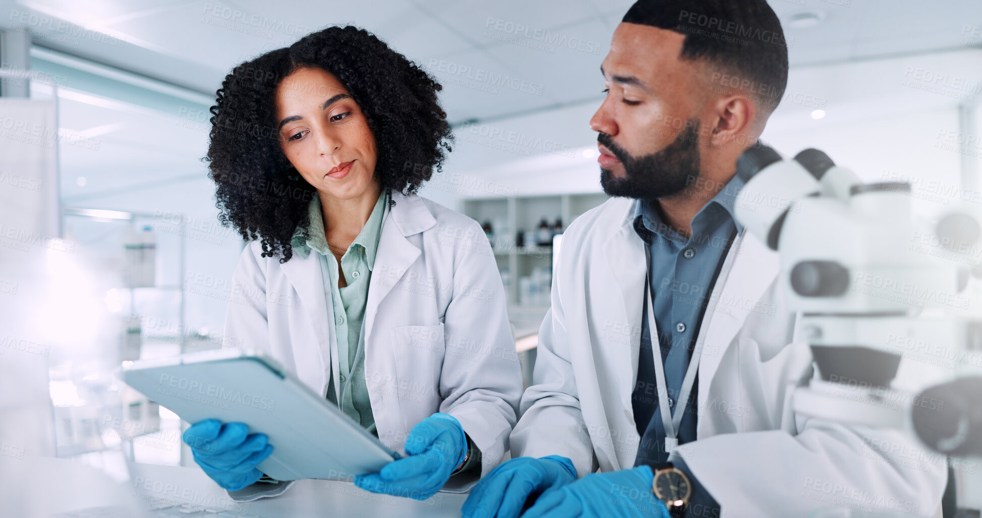 Buy stock photo Scientist, woman and man with tablet at lab for review, results and check progress for pharmaceutical study. People, partner and digital touchscreen on app for clinical trial with medical research