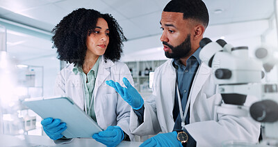 Buy stock photo People, scientist or team with tablet for research, new study or scientific data at laboratory. Man, woman or science employees with technology for forensic results, analysis or medical development