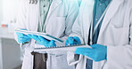 People, hands or scientist with tablet for research, new study or scientific data at laboratory. Closeup, science team or employee on technology for digital results, innovation or medical development