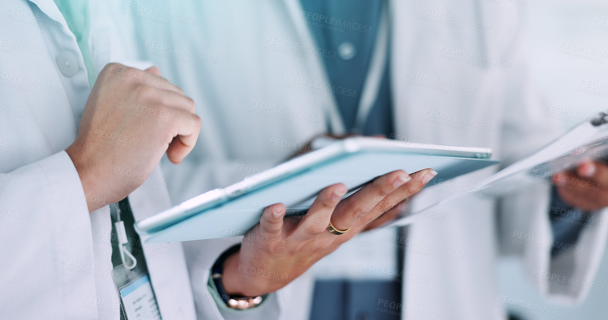 Buy stock photo Team, hands or scientist with tablet for research, new study or scientific data at laboratory. Closeup, people or science employee on technology for digital results, innovation or medical development