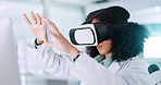 Woman, scientist and simulation with VR for futuristic development or virtual planning at laboratory. Female person, science or medical research with technology for UI, UX or scientific testing