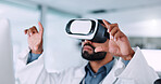 Research, scientist and man with vr headset, innovation and tech to simulate surgical procedure and online. Lab, medical professional and person with software for diagnosis, futuristic and pointing
