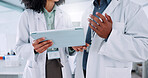 Scientist, hands and medical research with tablet for team, results and problem solving for pharmaceutical study. People, partner and digital touchscreen on app for clinical trial at laboratory