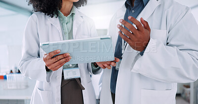 Buy stock photo Scientist, hands and medical research with tablet for team, results and problem solving for pharmaceutical study. People, partner and digital touchscreen on app for clinical trial at laboratory