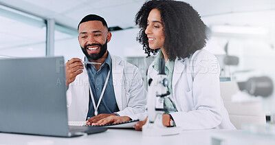 Buy stock photo Woman, man and scientist with laptop, happy and review with results for medical research. People, partner and computer with insight, feedback and solution with pharmaceutical study at laboratory