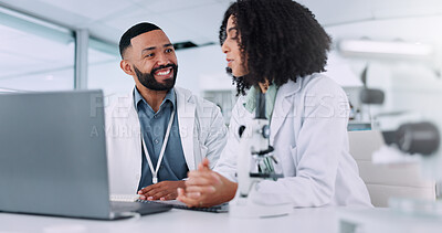 Buy stock photo Scientist, woman and man with laptop at lab for review, results and problem solving for pharmaceutical study. People, partner and smile by computer with solution, clinical trial and medical research
