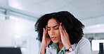 Woman, scientist and headache with stress for mistake, scientific fail or crisis at laboratory. Frustrated, female person or health worker with migraine or anxiety for bad science setback or loss