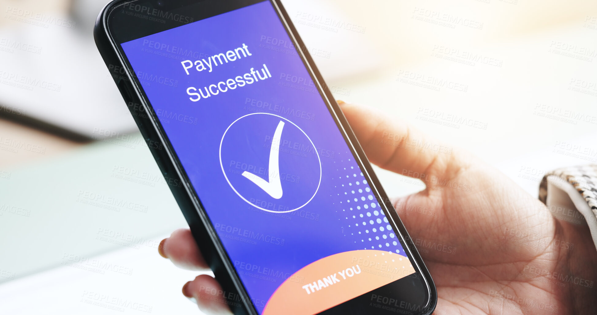 Buy stock photo Hands, phone and payment on screen for business, ecommerce and check mark for approved transaction. Woman, mobile and tick on display for online shopping, company finance and purchase confirmation