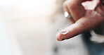 Optometry, contact lens and closeup of finger of person for eye care, health and wellness. Healthcare, mockup space and hands with eyewear for vision, eyesight and prescription for ophthalmology