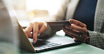 Business, hands and typing on laptop with credit card for online shopping, company purchase or easy transaction. Procurement officer, woman and website for ecommerce, internet payment or subscription