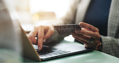 Buy stock photo Business, hands and typing on laptop with credit card for online shopping, company purchase or easy transaction. Procurement officer, woman and website for ecommerce, internet payment or subscription