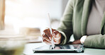 Hands, pen and businesswoman on tablet for report, finance and wealth management in office. Banker, e signature and financial advisor with stylus for investment app, digital technology or company
