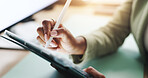 Hands, pen and businesswoman on tablet for company, finance and wealth management in office. Banker, e signature and financial advisor with stylus for investment app, digital technology or profit