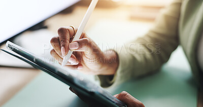 Buy stock photo Hands, pen and businesswoman on tablet for company, finance and wealth management in office. Banker, e signature and financial advisor with stylus for investment app, digital technology or profit
