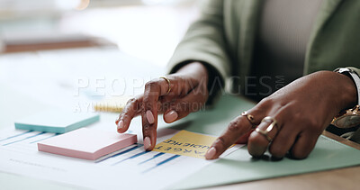 Buy stock photo Hands, business woman and sticky note with proposal, graphs and profit growth or sales analytics. Closeup, person or financial advisor with strategy, paperwork and ideas for charts or company revenue