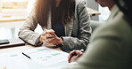 Hands, business people and advice with feedback, graphs and profit growth or sales analytics. Closeup, teamwork and financial advisor with proposal, discussion or ideas for charts or company revenue
