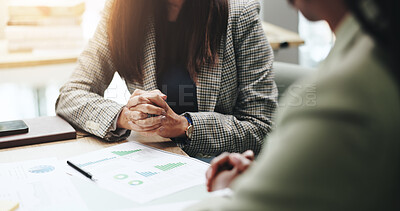 Buy stock photo Hands, business people and advice with feedback, graphs and profit growth or sales analytics. Closeup, teamwork and financial advisor with proposal, discussion or ideas for charts or company revenue