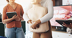 First aid, training and hands with choking dummy for CPR, abdominal thrusts and life saving procedure in office. Business, people and healthcare presentation for employee rescue and workplace safety