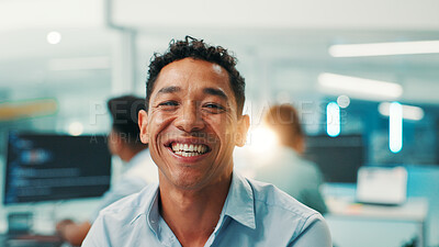 Buy stock photo Portrait, happy and developer with business man in office cyber security, network domain and code analyst. Server encryption, tech startup and software review with person in IT firm for VPN system