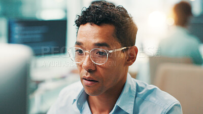 Buy stock photo Programmer, thinking and man in office for problem solving, web development or insight on computer. Idea, serious developer or software project for creative inspiration, reading or planning algorithm