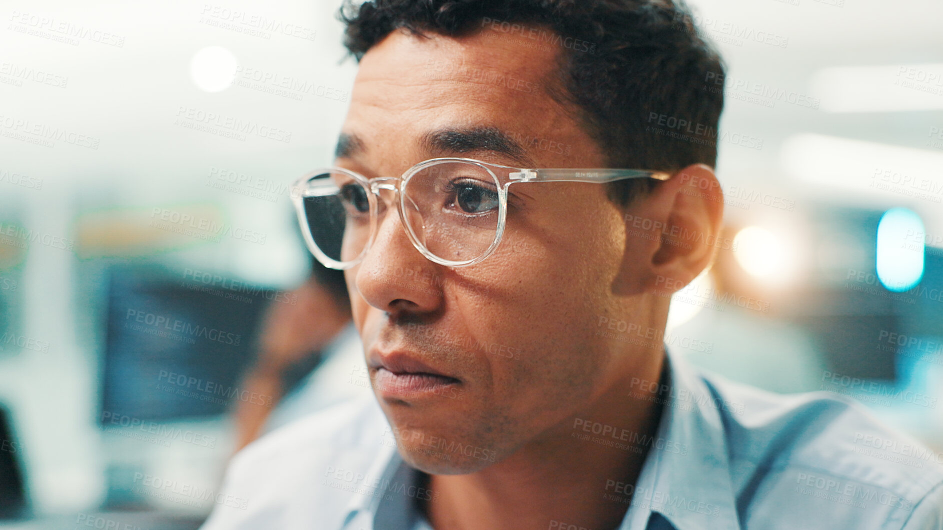 Buy stock photo Programmer, research or man with glasses for reading code, app development and debugging computer. Face, programming and employee with PC technology for software testing, system and online update