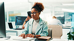 Programmer, woman and typing on computer in office for software development, code debugging and testing app. African person, employee and technology for database troubleshooting or system maintenance