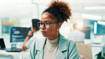 Buy stock photo Online, glasses and programmer with business woman in office cyber security, network domain and code analyst. Server encryption, tech startup and software review with person in IT firm for VPN system