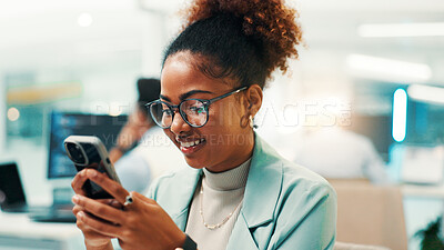 Buy stock photo Business, smartphone and woman with smile, internet and glasses with trading, accounting or stock market. Person, financial advisor and employee with email, digital app for online news and eyewear