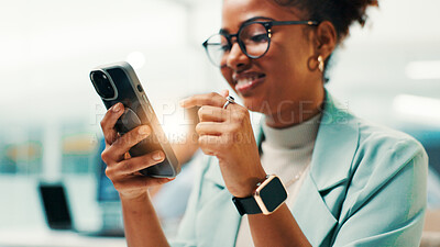 Buy stock photo Scrolling, phone and businesswoman in office with research on internet for stock market news. Cellphone, professional and female financial advisor on mobile app for fintech, trading or budget plan.