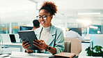 Tablet, research and businesswoman in office for reading report for finance budget planning. Digital technology, online and female financial manager checking stock market for company investment.