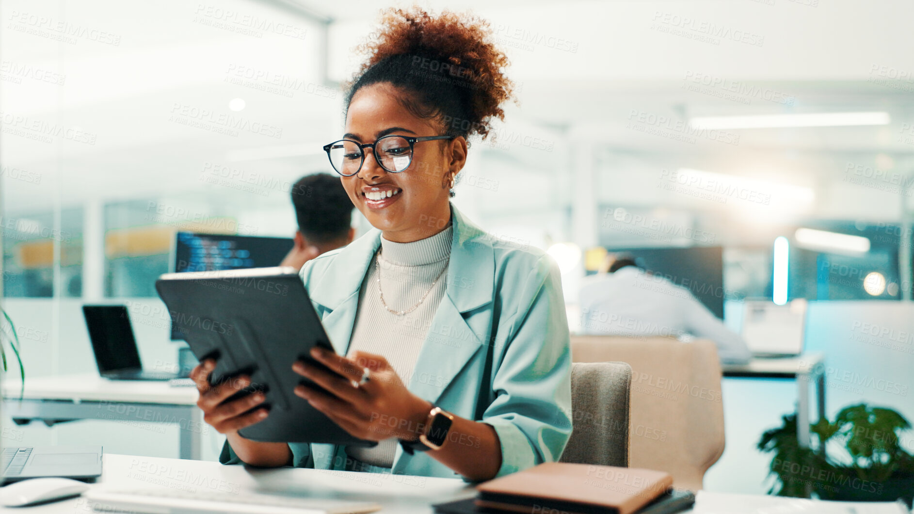 Buy stock photo Tablet, research and businesswoman in office with web development, coding or design tools. Digital technology, reading and female programmer checking UX platform with feedback report in workplace.