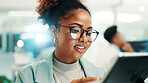 Tablet, research and businesswoman in office for analysis report for finance budget planning. Digital technology, reading and female financial manager checking stock market for company investment.